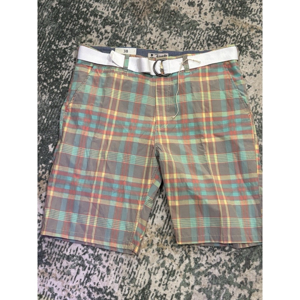 NWT Islandia Patel Plaid Pattern Shorts White Belt Size 38